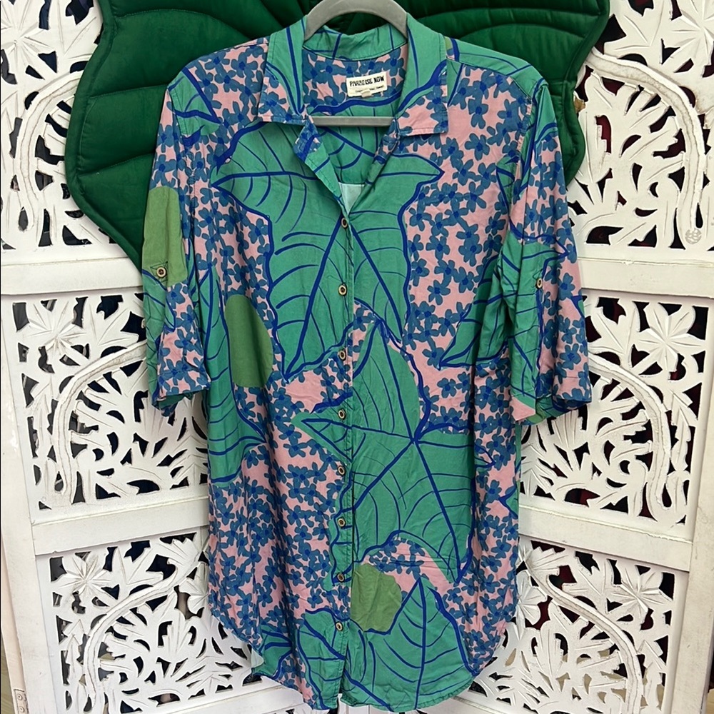 Paradise now button down shirt dress. Green, Blue, pink kukui floral print. SM
